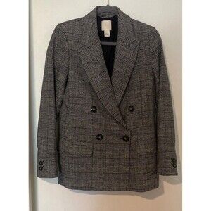 H & M Double Breasted Blazer Loose Fit Checked Grey Black Womens  Size 2 Lined
